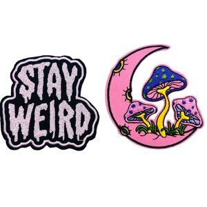 Stay Weird & Mushroom Moon Iron-On Embroidered Patches Quirky, Hippie, Gothic